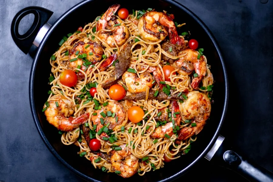 Shrimp pasta fra diavolo in pan