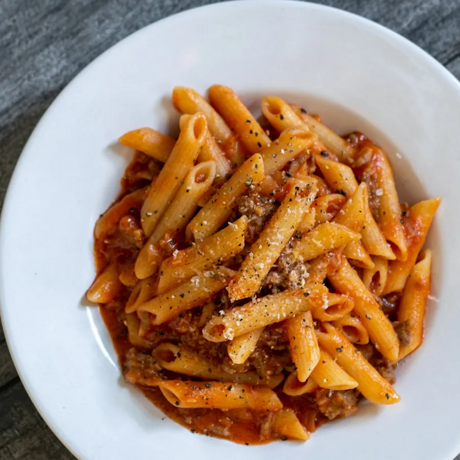 Penne with tomato meat sauce